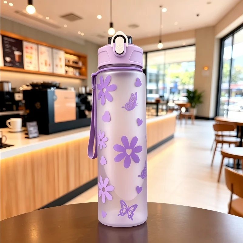 800ml/27oz Large Capacity Sports Water Bottle Leak Proof Plastic Drinking Cup With Time Scale Suitable For Travel Fitness Sports