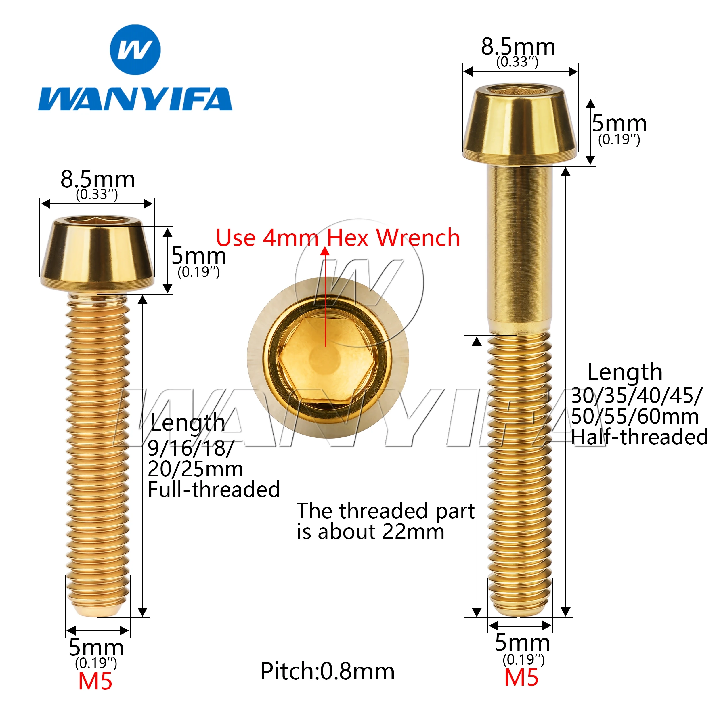 Wanyifa Titanium Bolt M5 x 9 16 18 20 25 30 35 40 45 50 55 60mm Allen Key Taper Head Bolt Screw for Bicycle Stem Seatpost