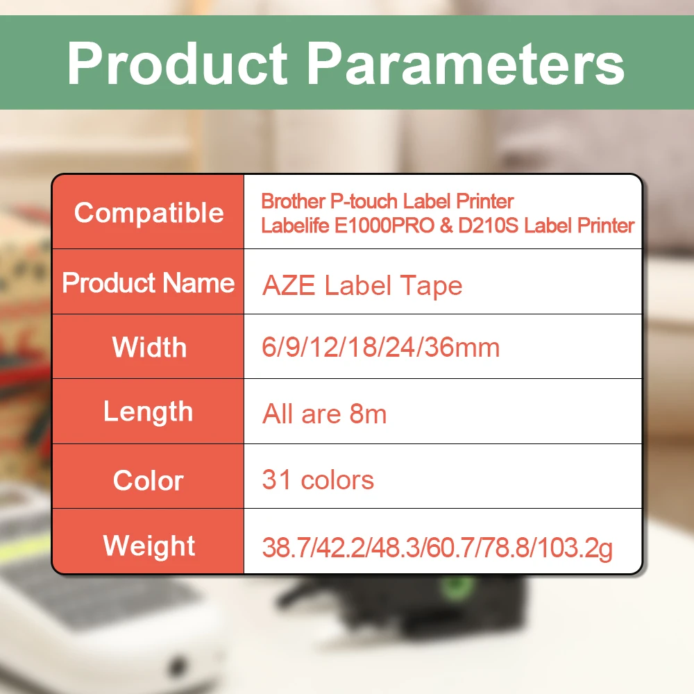 6/9/12/18/24mm TZ-White Label Lamination Ribbon TZE231 TZE241 TZE251 TZE221 Compatible for Brother Label Printer PT-H100 PTD600