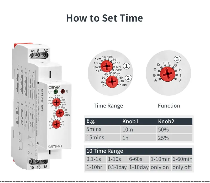 GEYA GRT8-M 16A Multifunction Timer Relay with 10 Function Choices AC DC 12V 24V 220V 230V Time Relay