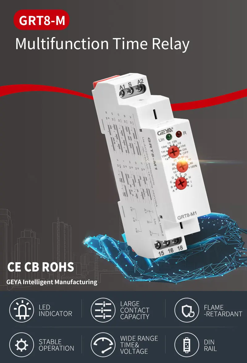 GEYA GRT8-M 16A Multifunction Timer Relay with 10 Function Choices AC DC 12V 24V 220V 230V Time Relay