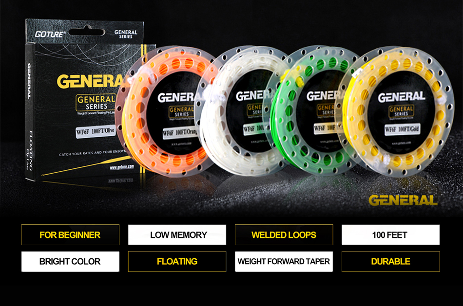 Goture GENERAL Fly Line 30M/100FT WF 3/4/5/6/7/8F Weight Forward Floating Fly Fishing Line with Welded Loops 7 Colors Optional