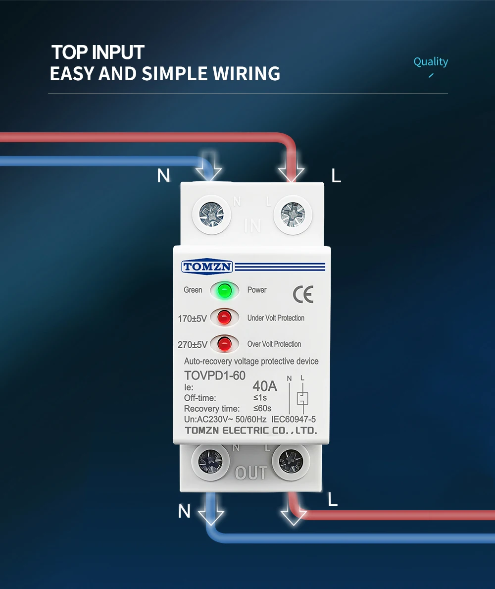 TOMZN 40A 230V Din Rail 3 LED Automatic Reconnect Over Voltage and Under Voltage Protective Device Protector Protection Relay