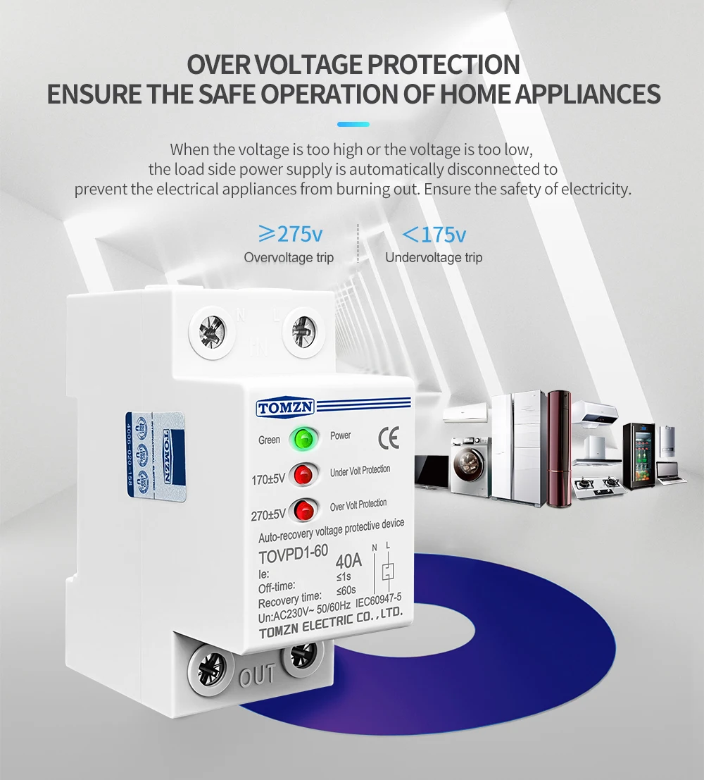 TOMZN 40A 230V Din Rail 3 LED Automatic Reconnect Over Voltage and Under Voltage Protective Device Protector Protection Relay