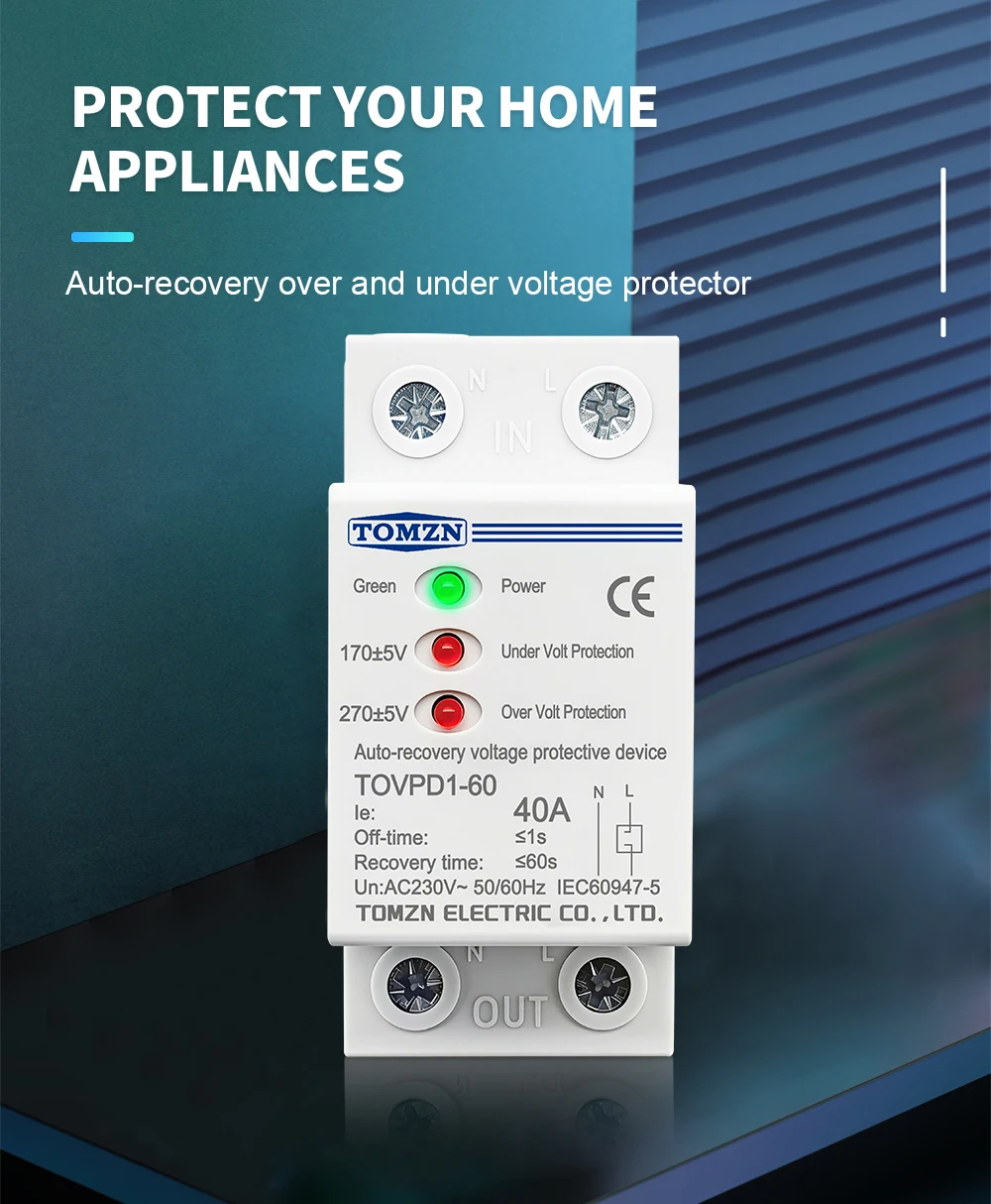 TOMZN 40A 230V Din Rail 3 LED Automatic Reconnect Over Voltage and Under Voltage Protective Device Protector Protection Relay
