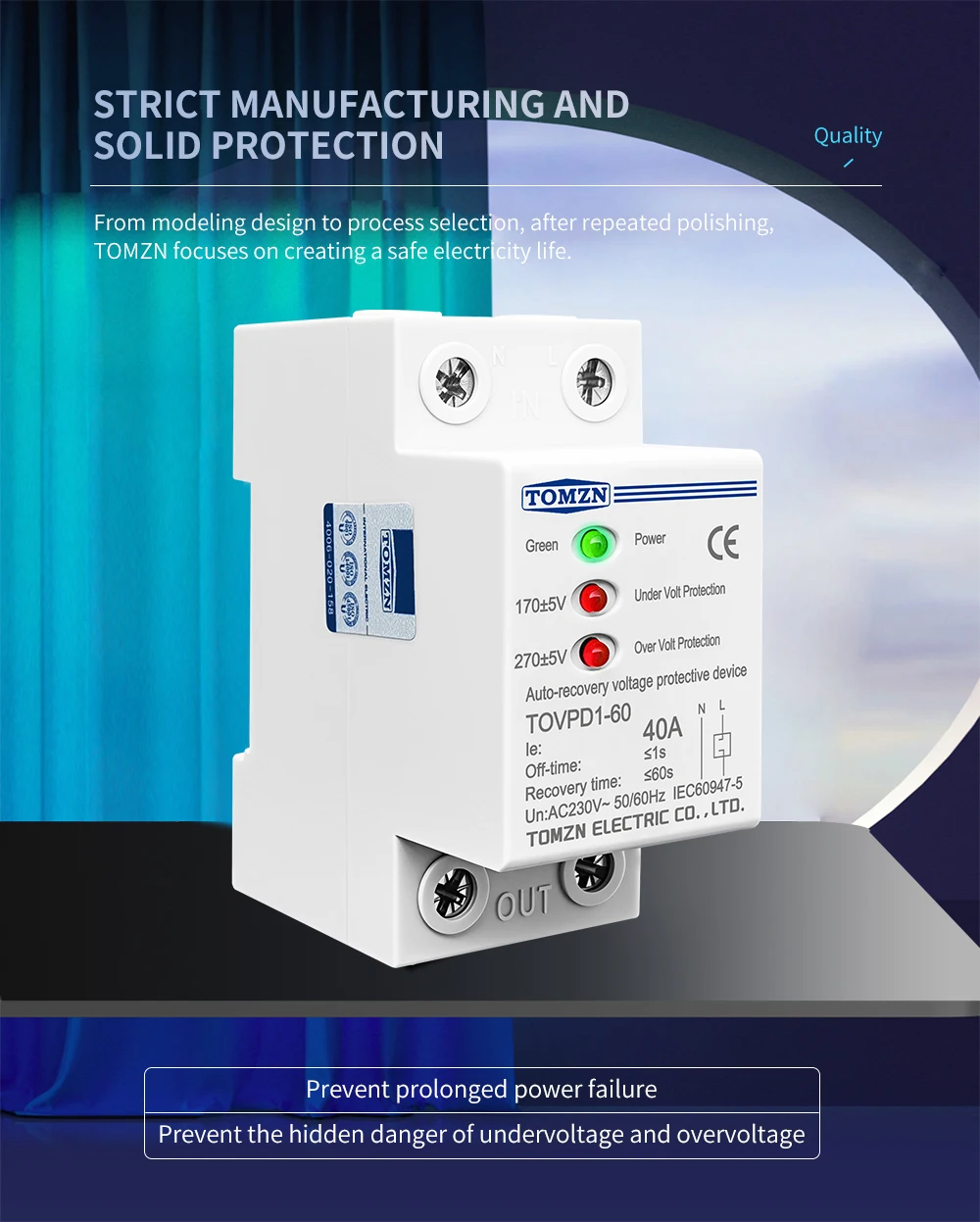 TOMZN 40A 230V Din Rail 3 LED Automatic Reconnect Over Voltage and Under Voltage Protective Device Protector Protection Relay
