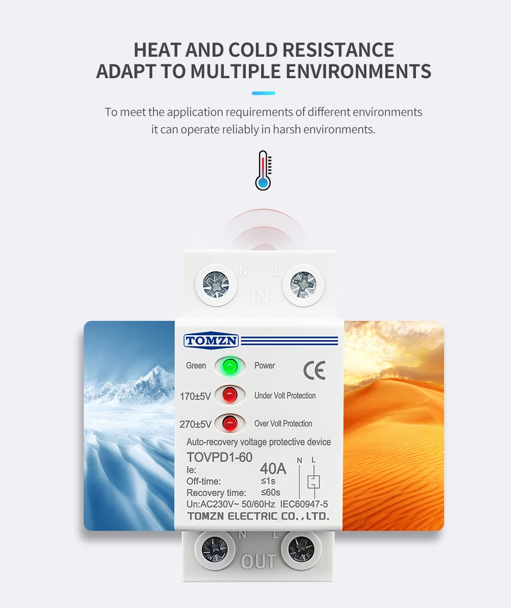 TOMZN 40A 230V Din Rail 3 LED Automatic Reconnect Over Voltage and Under Voltage Protective Device Protector Protection Relay