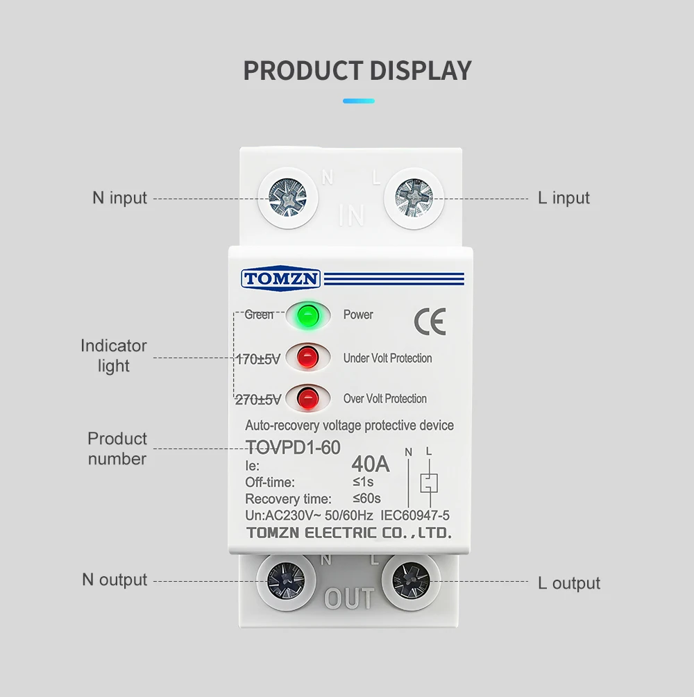 TOMZN 40A 230V Din Rail 3 LED Automatic Reconnect Over Voltage and Under Voltage Protective Device Protector Protection Relay