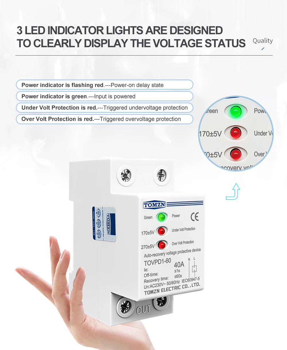 TOMZN 40A 230V Din Rail 3 LED Automatic Reconnect Over Voltage and Under Voltage Protective Device Protector Protection Relay