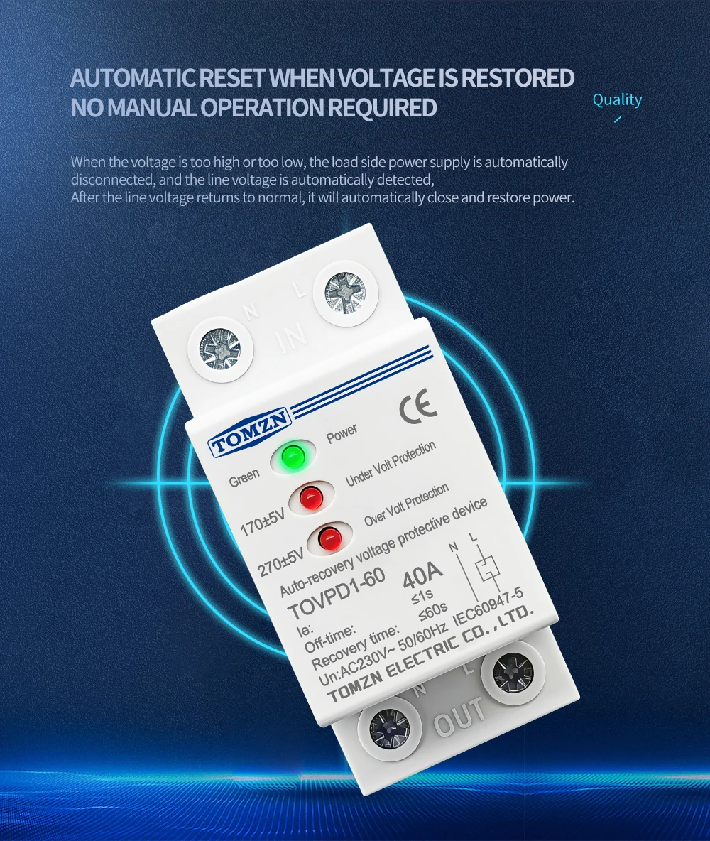 TOMZN 40A 230V Din Rail 3 LED Automatic Reconnect Over Voltage and Under Voltage Protective Device Protector Protection Relay