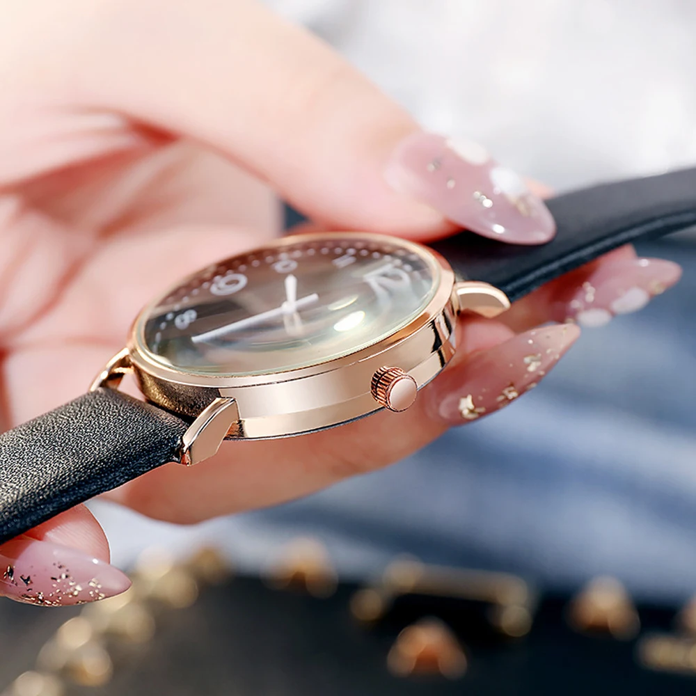 New Simple Vintage Digital Face Leather Belt Woman Watch Round Leisure Student Quartz Watchs Wear Matching Women's Wristwatch
