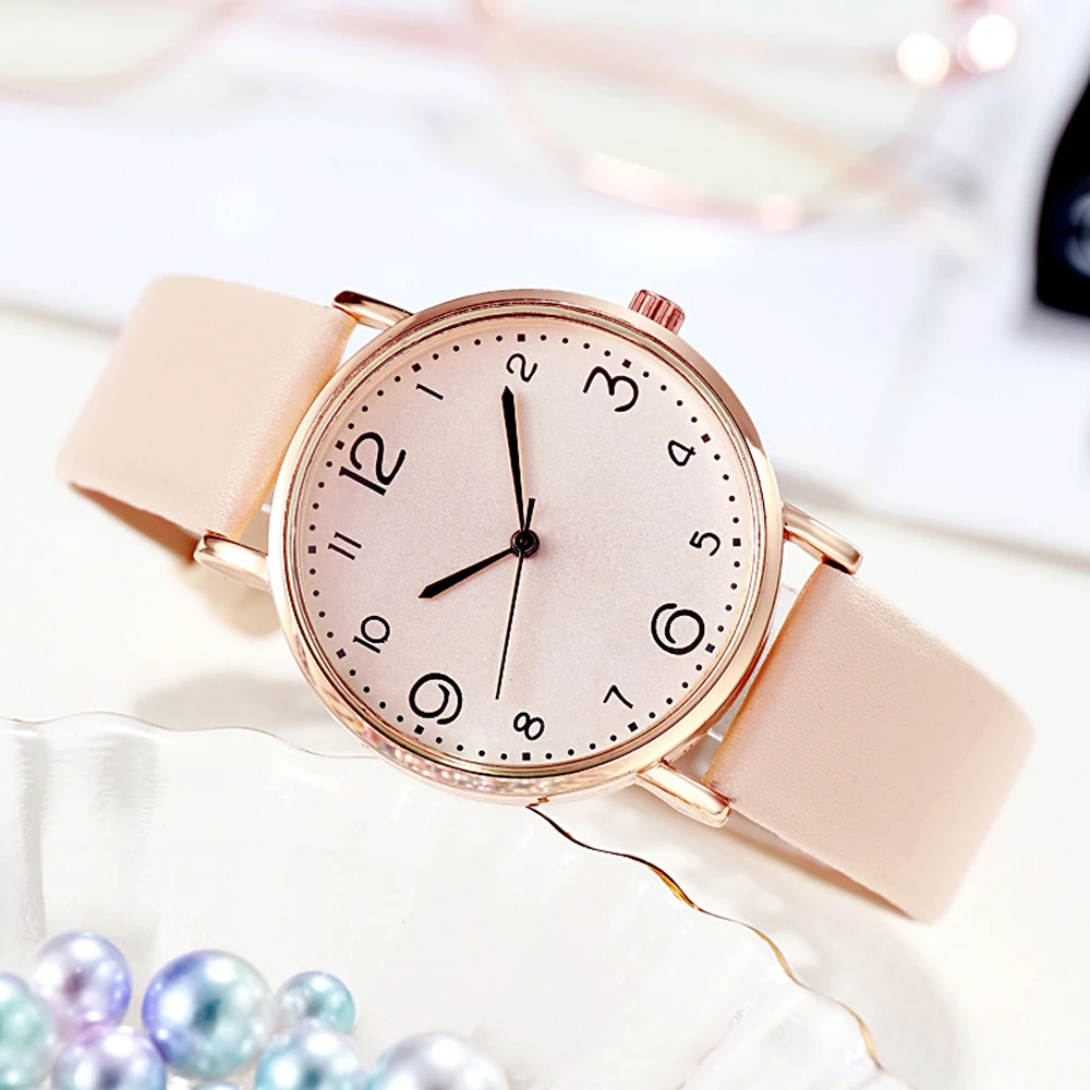 New Simple Vintage Digital Face Leather Belt Woman Watch Round Leisure Student Quartz Watchs Wear Matching Women's Wristwatch