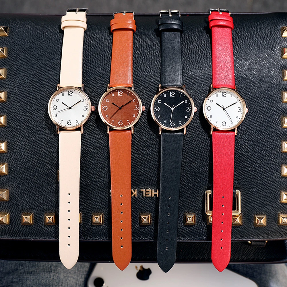 New Simple Vintage Digital Face Leather Belt Woman Watch Round Leisure Student Quartz Watchs Wear Matching Women's Wristwatch
