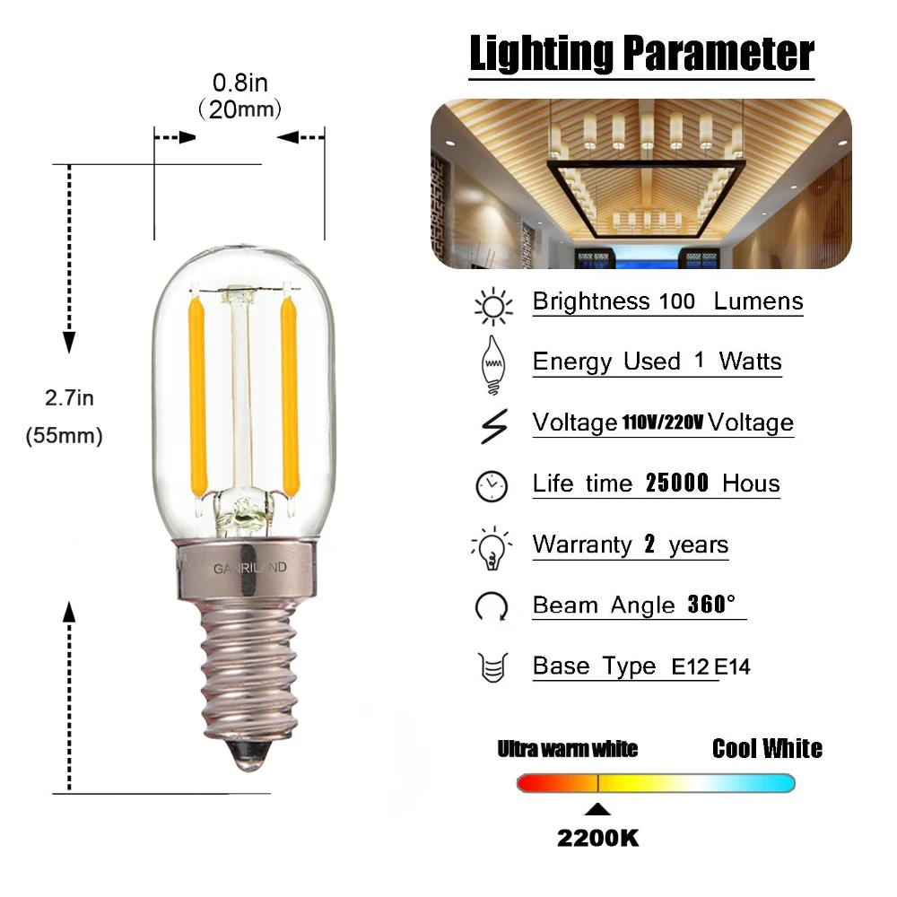 GANRILAND LED Candle Bulbs E12 E14 Dimmable C7 T22G 1W Decorative Light 110V US 220V EU Warm White Ampoule Lamp for Decor