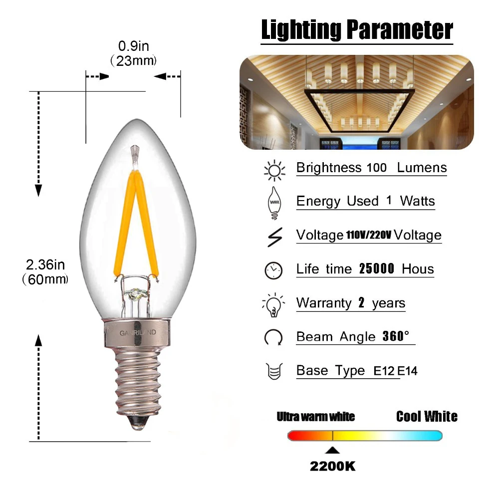 GANRILAND LED Candle Bulbs E12 E14 Dimmable C7 T22G 1W Decorative Light 110V US 220V EU Warm White Ampoule Lamp for Decor