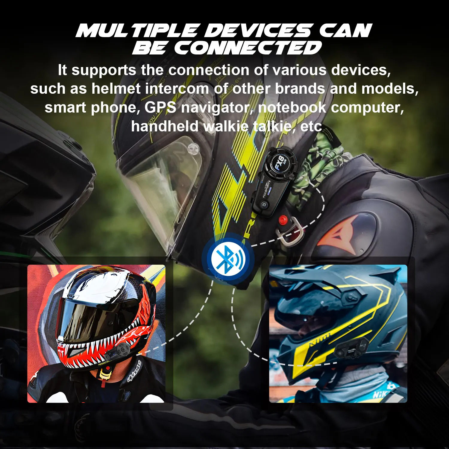 Fodsports Motorcycle Intercom FX8 Air Helmet Bluetooth Headset for 4 Riders Interphone FM Radio Commutator Moto Intercomunicador