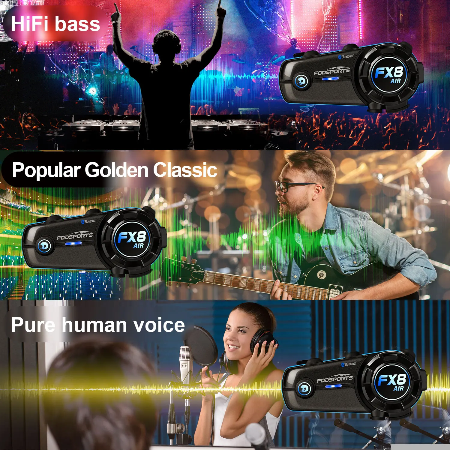 Fodsports Motorcycle Intercom FX8 Air Helmet Bluetooth Headset for 4 Riders Interphone FM Radio Commutator Moto Intercomunicador