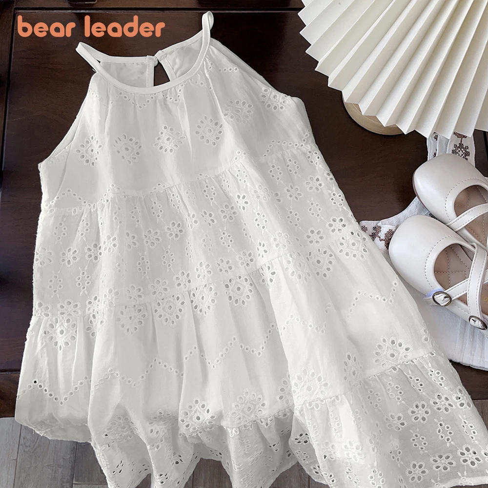Bear Leader Cut-out Design Girl's Dress 2026 Summer Little Girl Fashion Sling White Holiday Medium Length Vest Dress Girls Dress