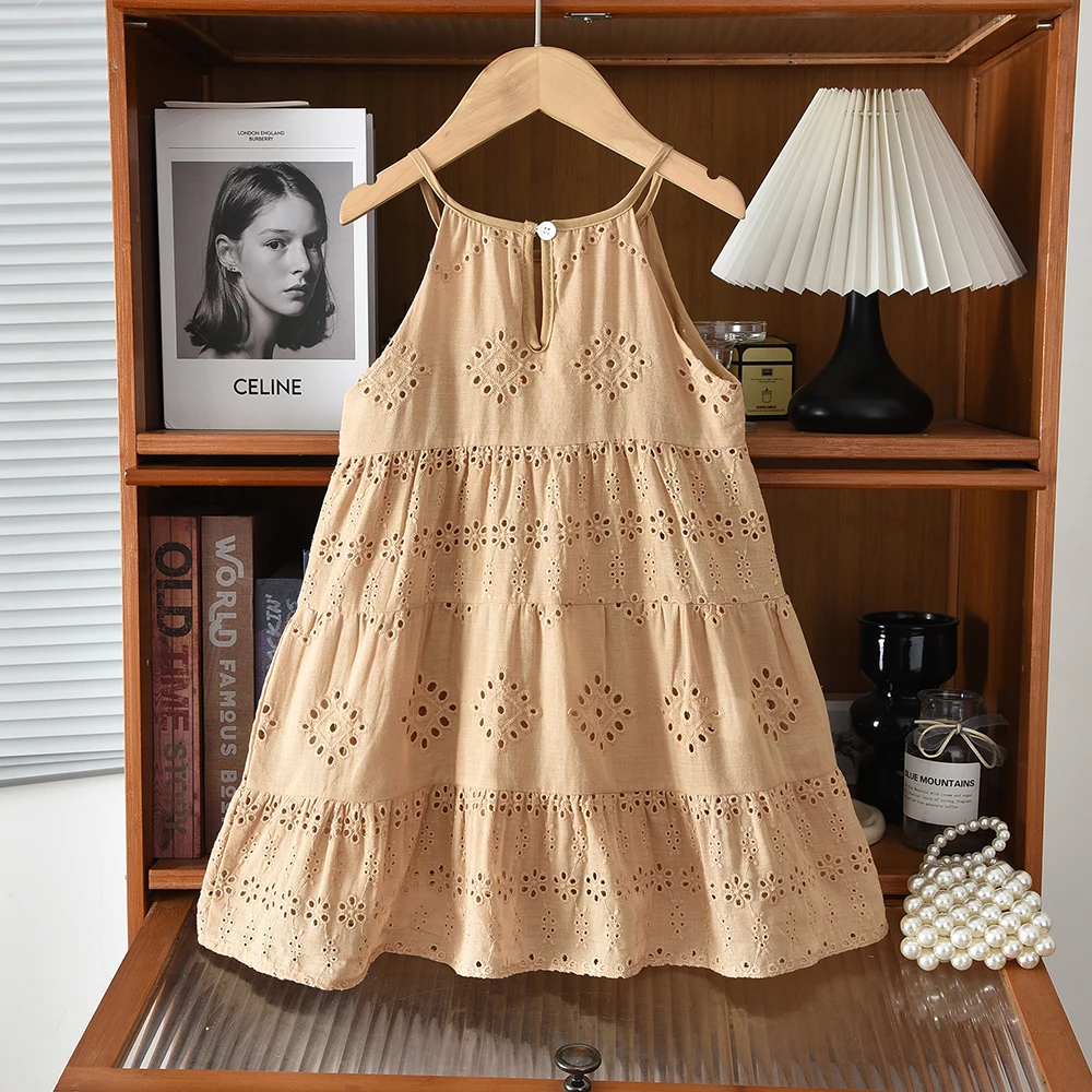 Bear Leader Cut-out Design Girl's Dress 2026 Summer Little Girl Fashion Sling White Holiday Medium Length Vest Dress Girls Dress