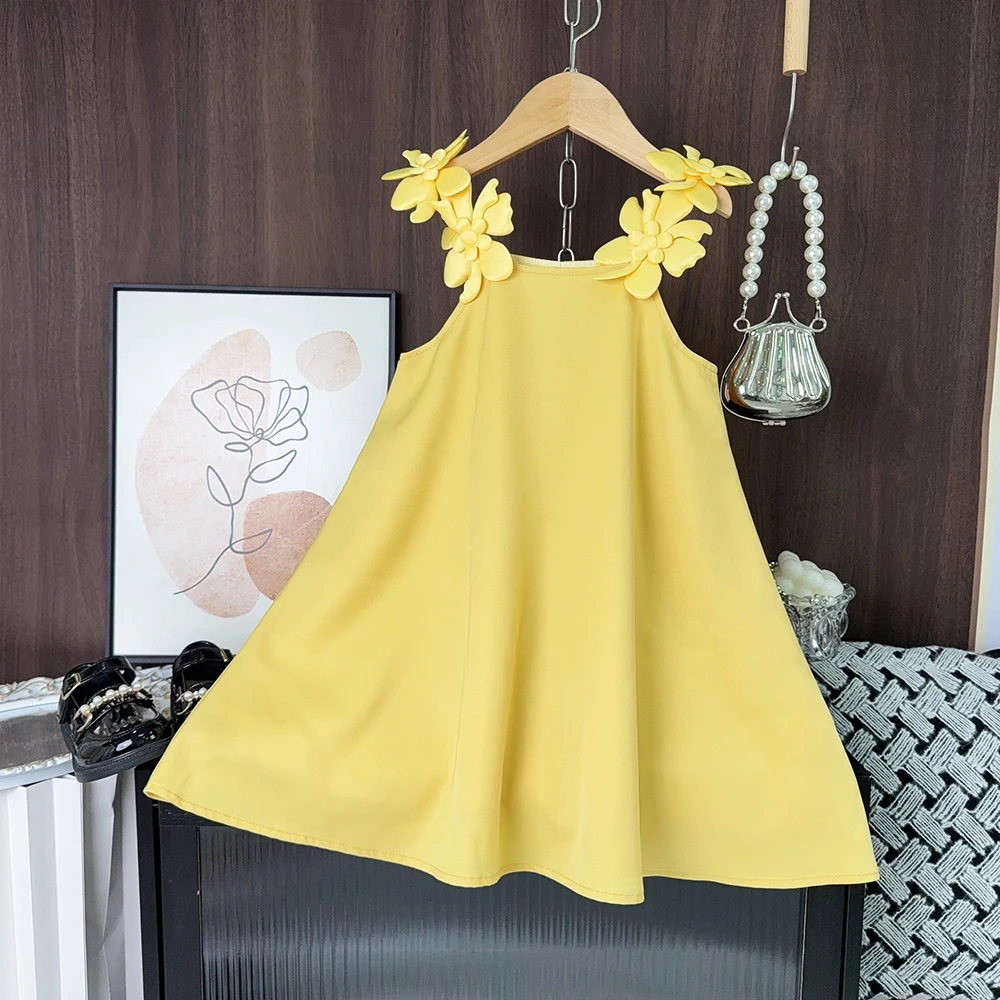Bear Leader Cut-out Design Girl's Dress 2026 Summer Little Girl Fashion Sling White Holiday Medium Length Vest Dress Girls Dress