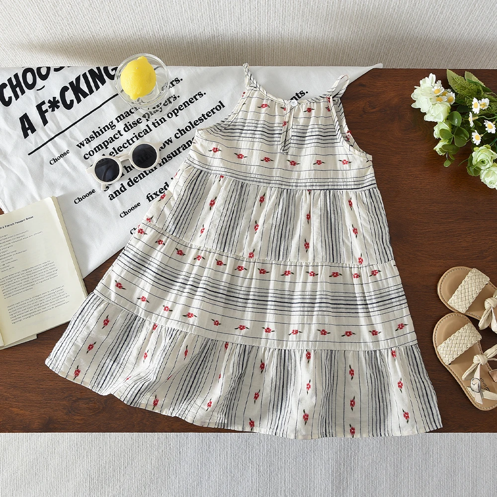 Bear Leader Cut-out Design Girl's Dress 2026 Summer Little Girl Fashion Sling White Holiday Medium Length Vest Dress Girls Dress