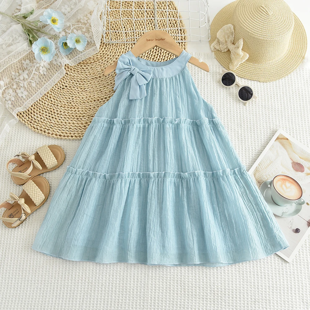Bear Leader Cut-out Design Girl's Dress 2026 Summer Little Girl Fashion Sling White Holiday Medium Length Vest Dress Girls Dress