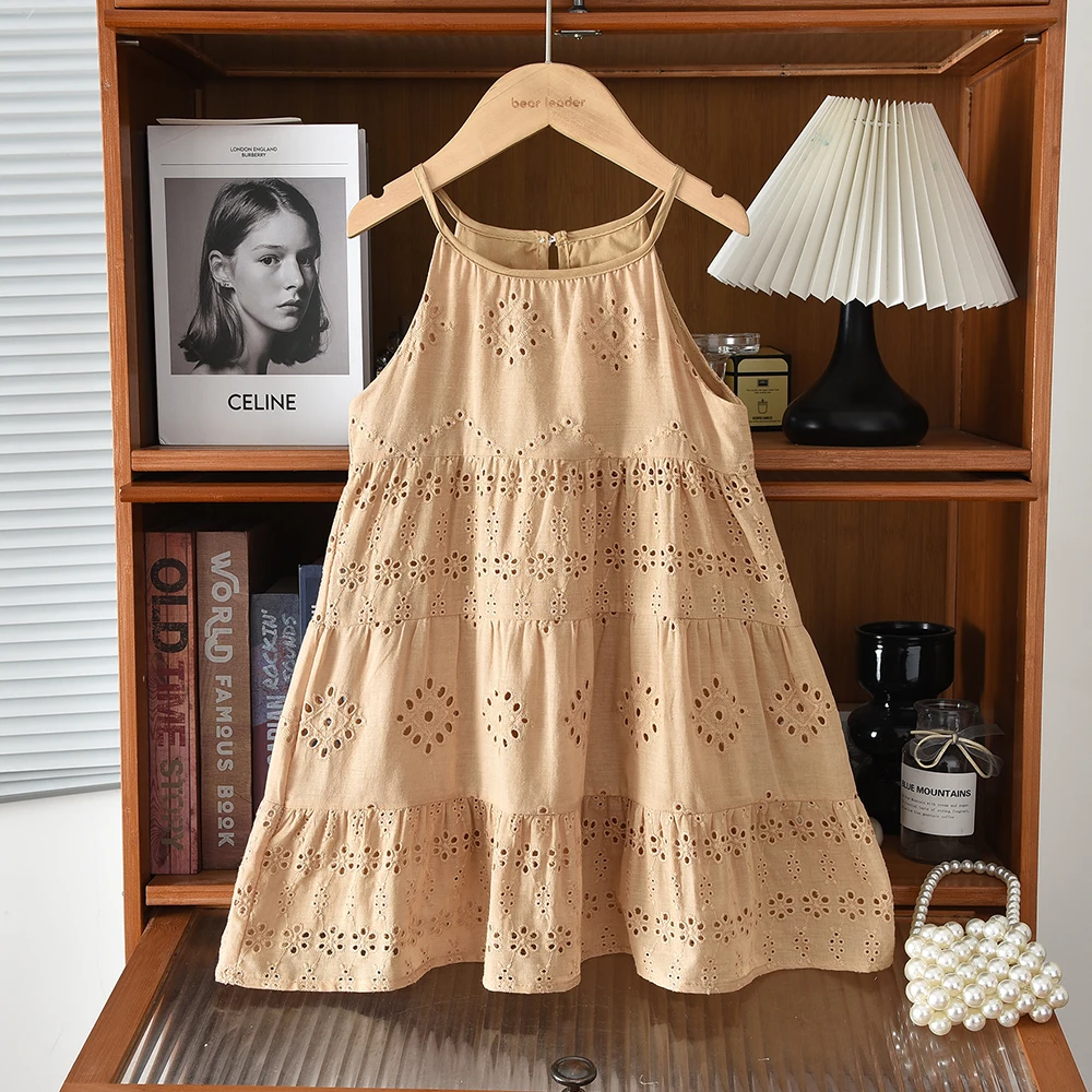 Bear Leader Cut-out Design Girl's Dress 2026 Summer Little Girl Fashion Sling White Holiday Medium Length Vest Dress Girls Dress