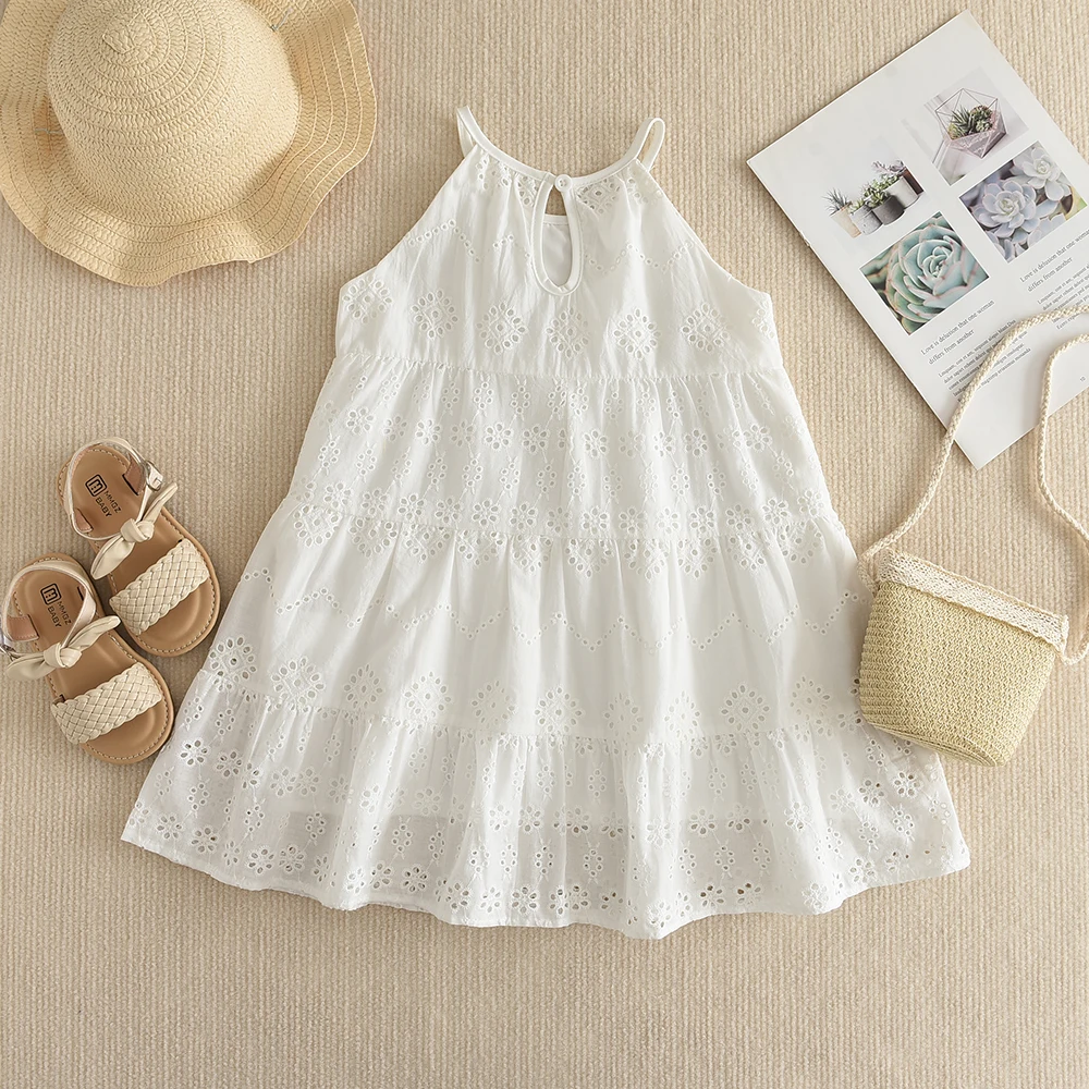 Bear Leader Cut-out Design Girl's Dress 2026 Summer Little Girl Fashion Sling White Holiday Medium Length Vest Dress Girls Dress
