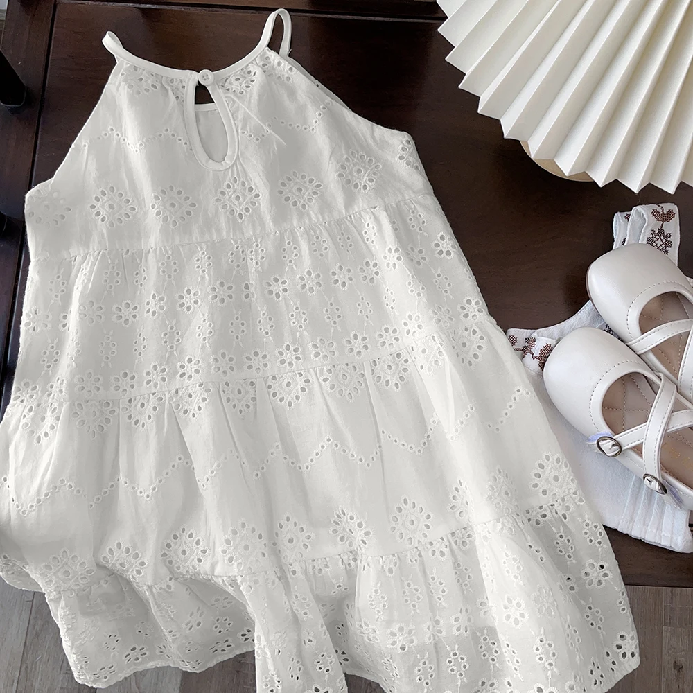 Bear Leader Cut-out Design Girl's Dress 2026 Summer Little Girl Fashion Sling White Holiday Medium Length Vest Dress Girls Dress