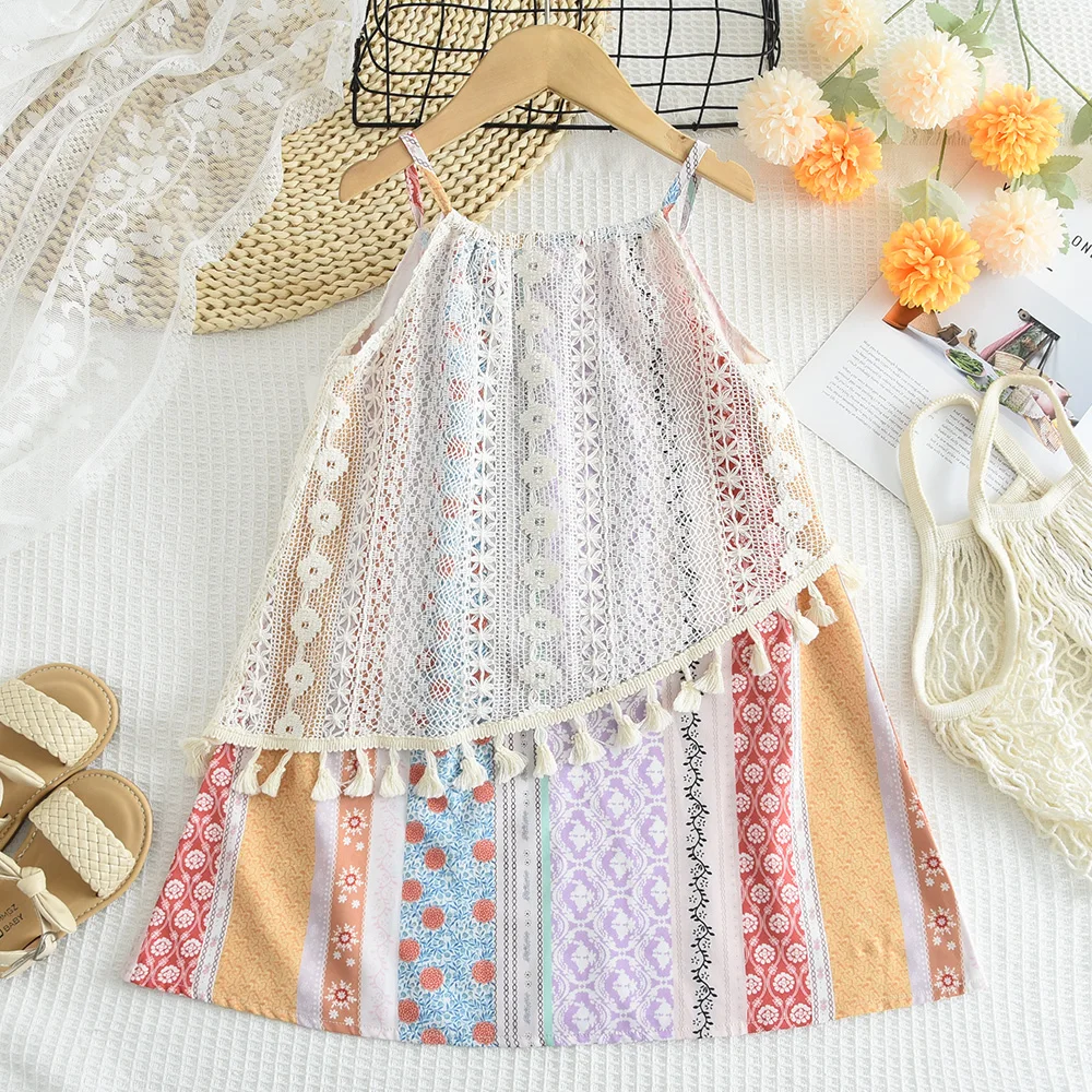 Bear Leader Cut-out Design Girl's Dress 2026 Summer Little Girl Fashion Sling White Holiday Medium Length Vest Dress Girls Dress