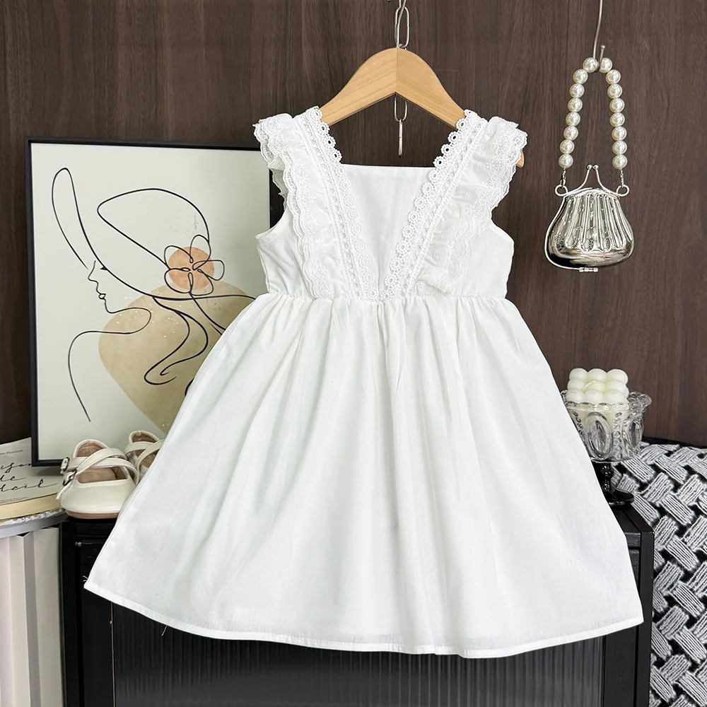 Bear Leader Cut-out Design Girl's Dress 2026 Summer Little Girl Fashion Sling White Holiday Medium Length Vest Dress Girls Dress