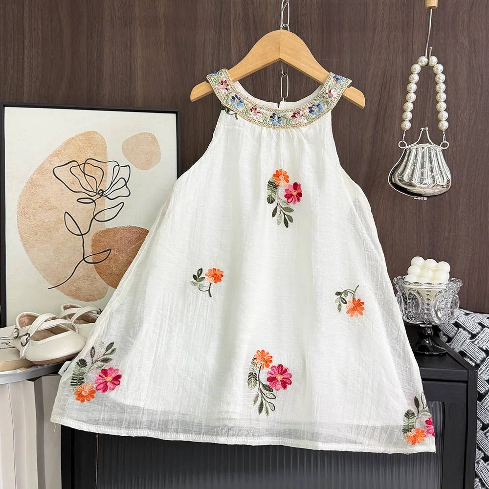 Bear Leader Cut-out Design Girl's Dress 2026 Summer Little Girl Fashion Sling White Holiday Medium Length Vest Dress Girls Dress