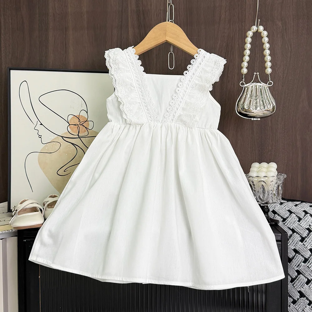 Bear Leader Cut-out Design Girl's Dress 2026 Summer Little Girl Fashion Sling White Holiday Medium Length Vest Dress Girls Dress