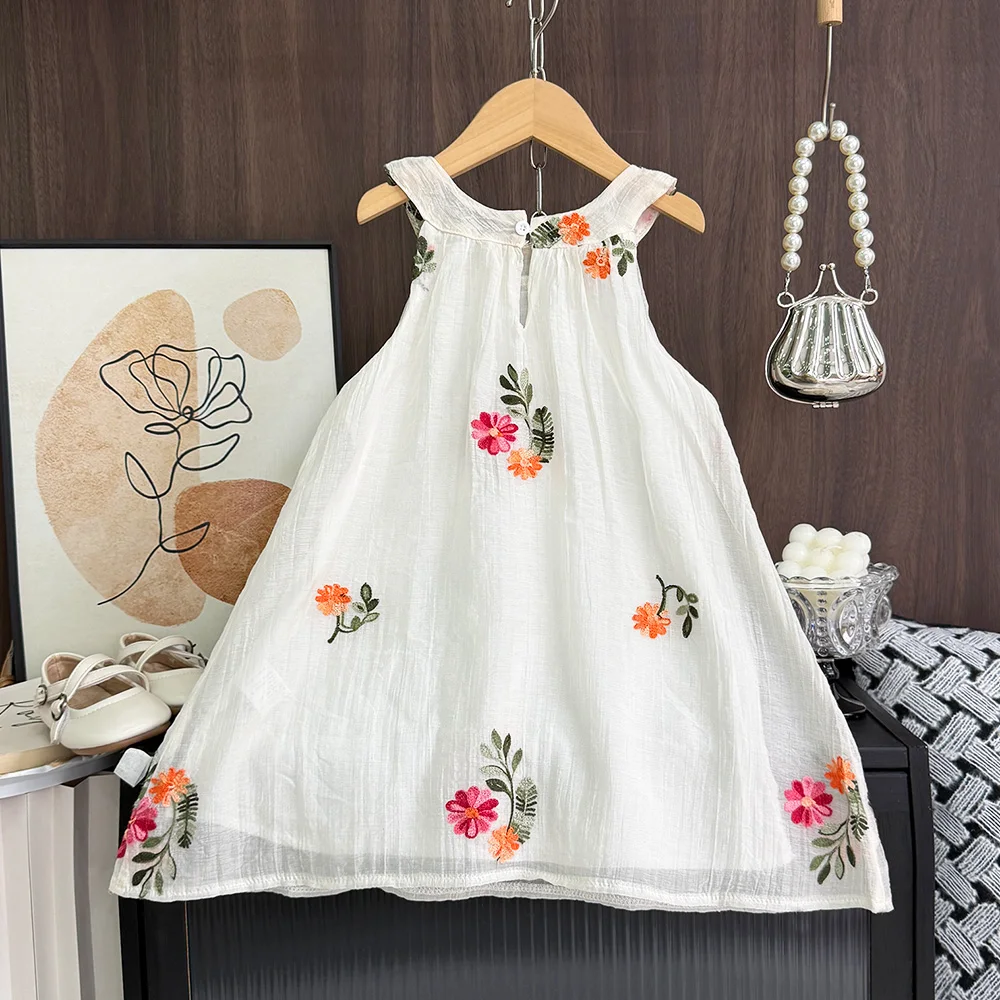 Bear Leader Cut-out Design Girl's Dress 2026 Summer Little Girl Fashion Sling White Holiday Medium Length Vest Dress Girls Dress