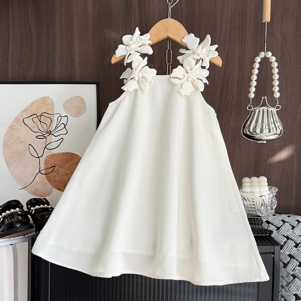 Bear Leader Cut-out Design Girl's Dress 2026 Summer Little Girl Fashion Sling White Holiday Medium Length Vest Dress Girls Dress