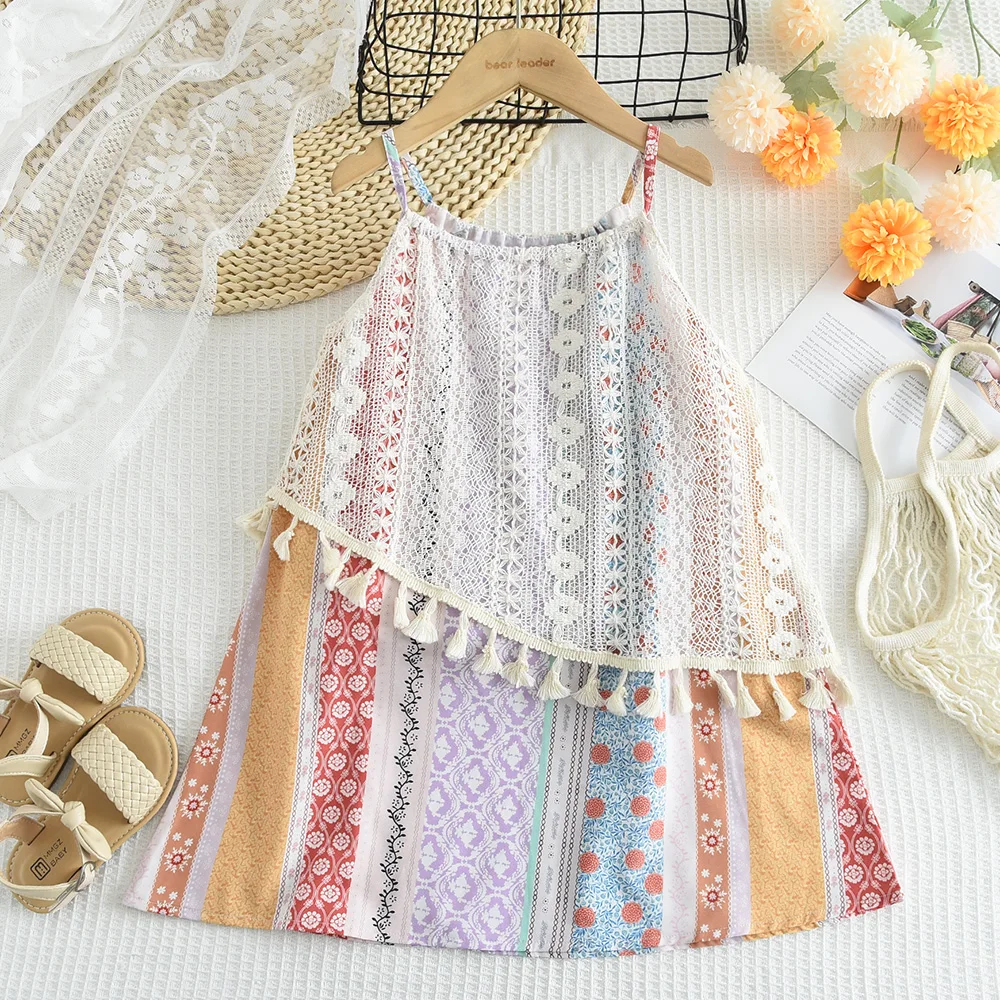 Bear Leader Cut-out Design Girl's Dress 2026 Summer Little Girl Fashion Sling White Holiday Medium Length Vest Dress Girls Dress