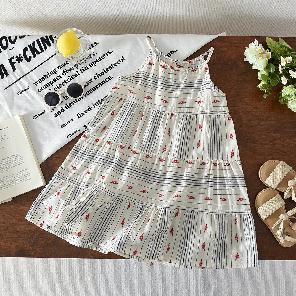Bear Leader Cut-out Design Girl's Dress 2026 Summer Little Girl Fashion Sling White Holiday Medium Length Vest Dress Girls Dress