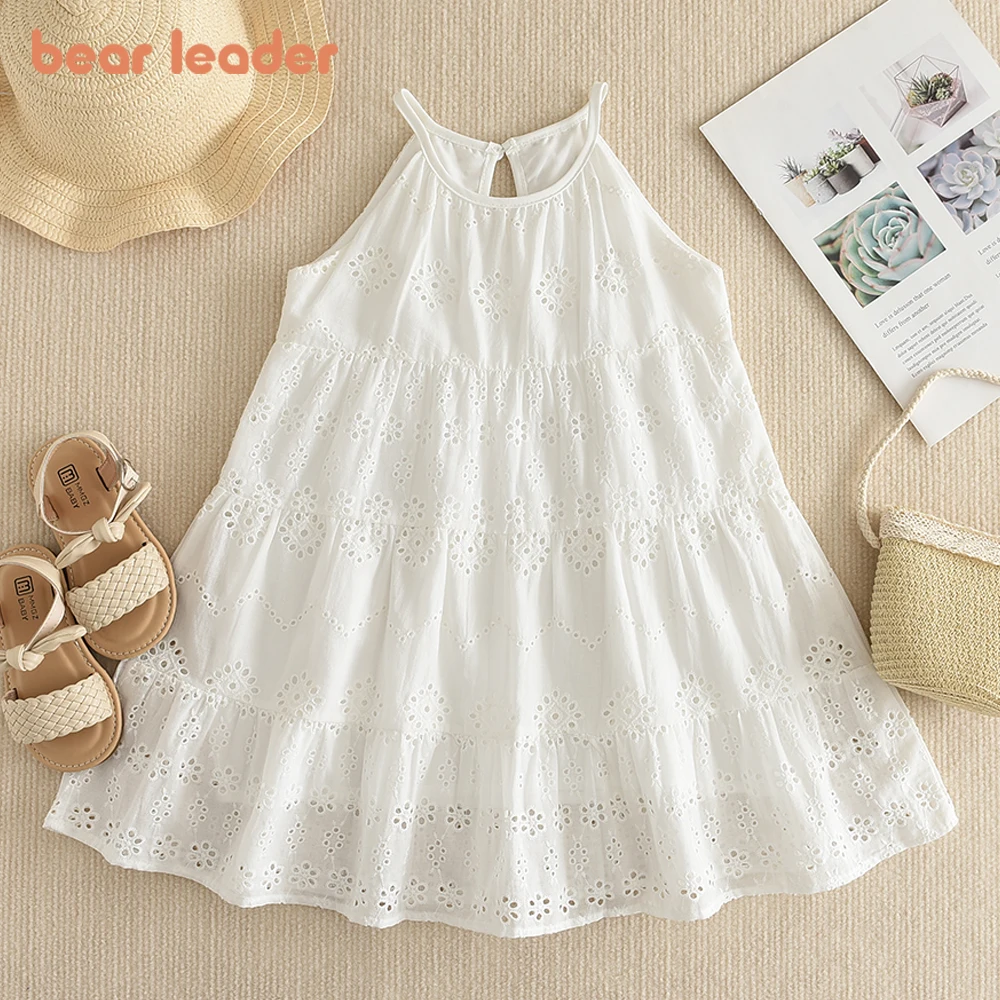 Bear Leader Cut-out Design Girl's Dress 2026 Summer Little Girl Fashion Sling White Holiday Medium Length Vest Dress Girls Dress
