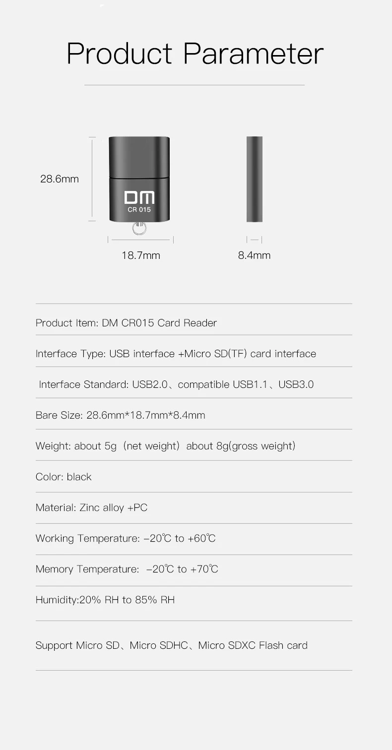 DM CR015 MicroSD Card Reader with TF Card Slot Become USB Flash Drive for Computer or for Car USB Adapter