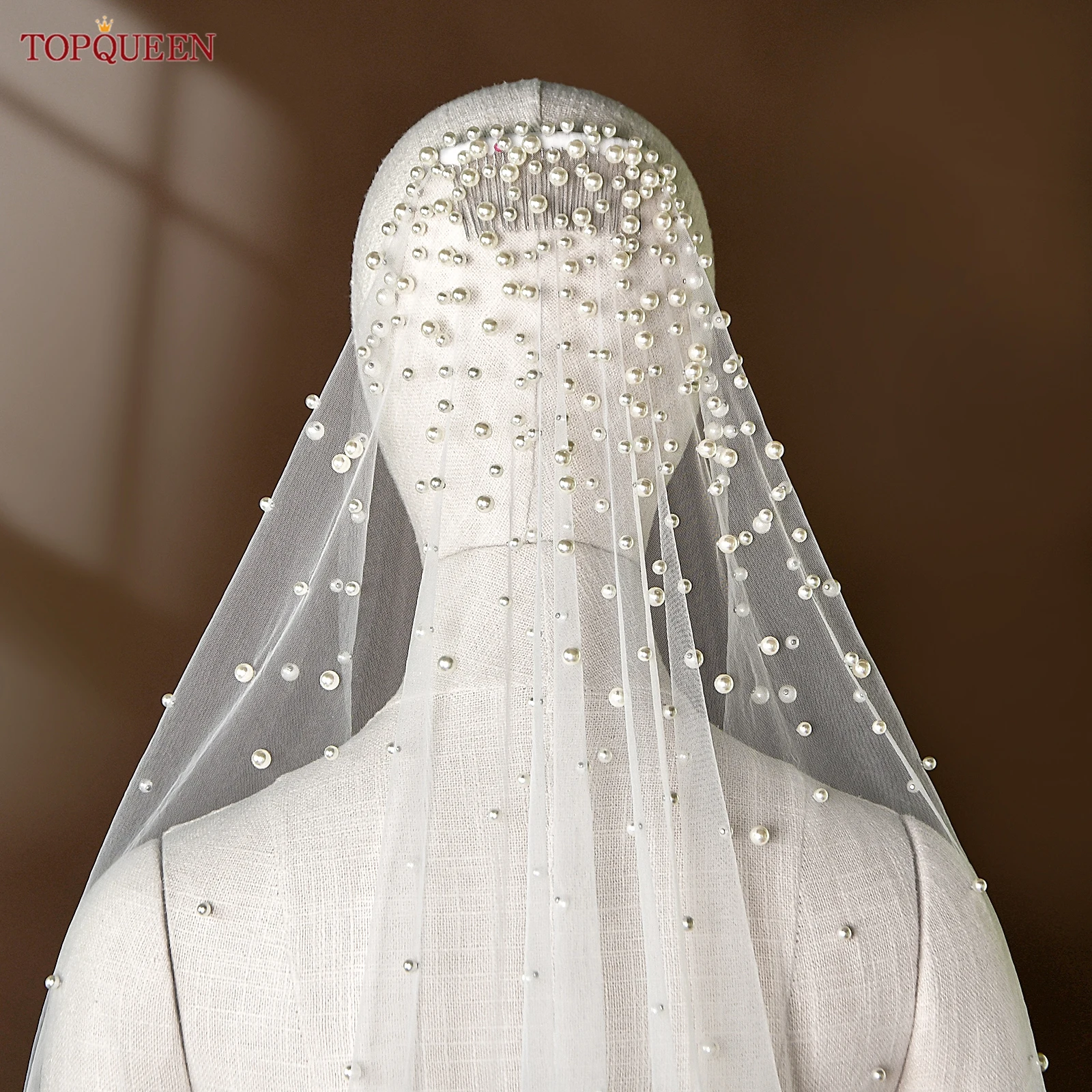 TOPQUEEN Pearls Bridal Veils with Comb Wedding Veil 1 Tier 3 Meter Luxury Long Wedding Veil Bridal Hair Accessories Wedding V180