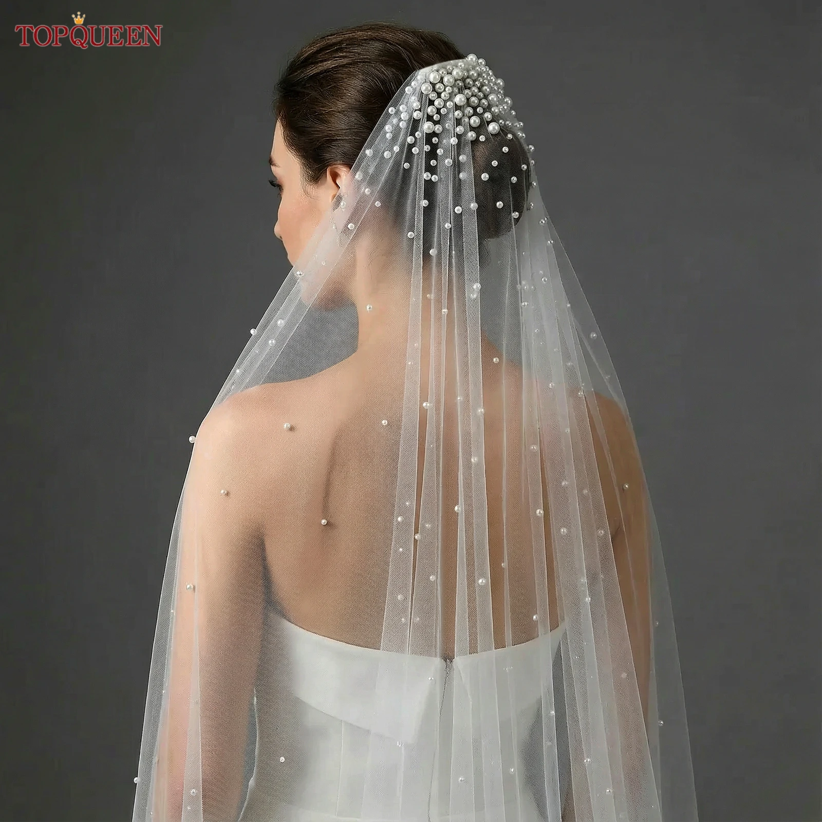 TOPQUEEN Pearls Bridal Veils with Comb Wedding Veil 1 Tier 3 Meter Luxury Long Wedding Veil Bridal Hair Accessories Wedding V180