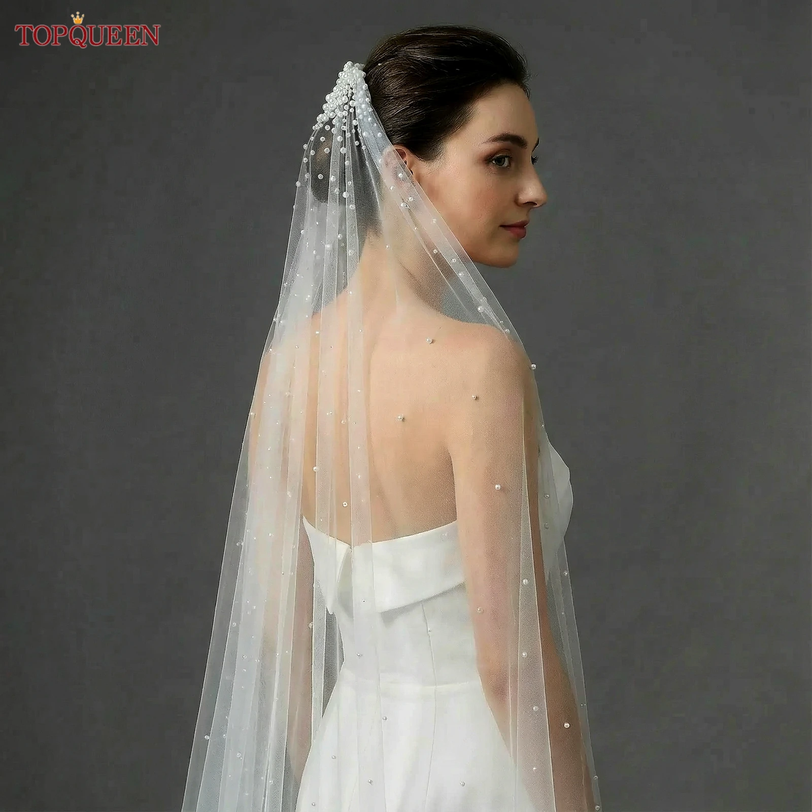 TOPQUEEN Pearls Bridal Veils with Comb Wedding Veil 1 Tier 3 Meter Luxury Long Wedding Veil Bridal Hair Accessories Wedding V180