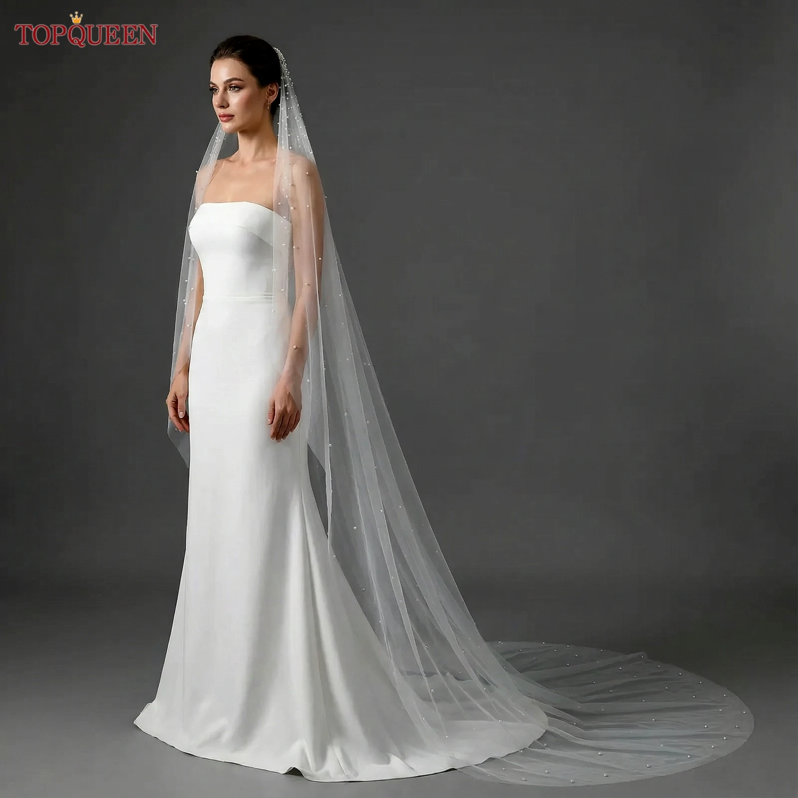 TOPQUEEN Pearls Bridal Veils with Comb Wedding Veil 1 Tier 3 Meter Luxury Long Wedding Veil Bridal Hair Accessories Wedding V180