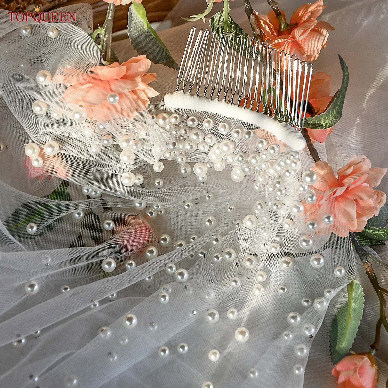 TOPQUEEN Pearls Bridal Veils with Comb Wedding Veil 1 Tier 3 Meter Luxury Long Wedding Veil Bridal Hair Accessories Wedding V180