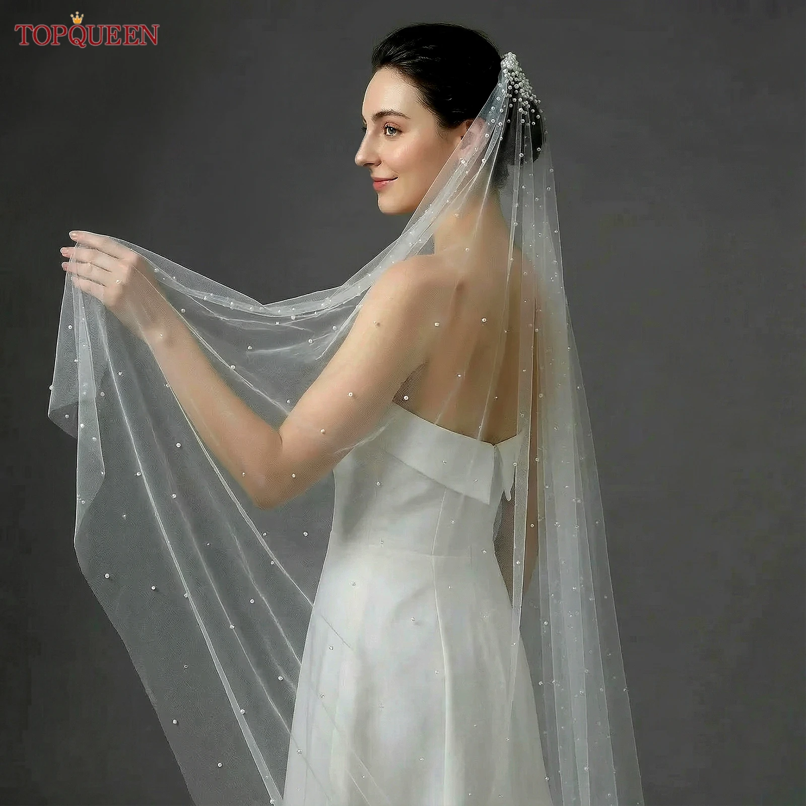 TOPQUEEN Pearls Bridal Veils with Comb Wedding Veil 1 Tier 3 Meter Luxury Long Wedding Veil Bridal Hair Accessories Wedding V180