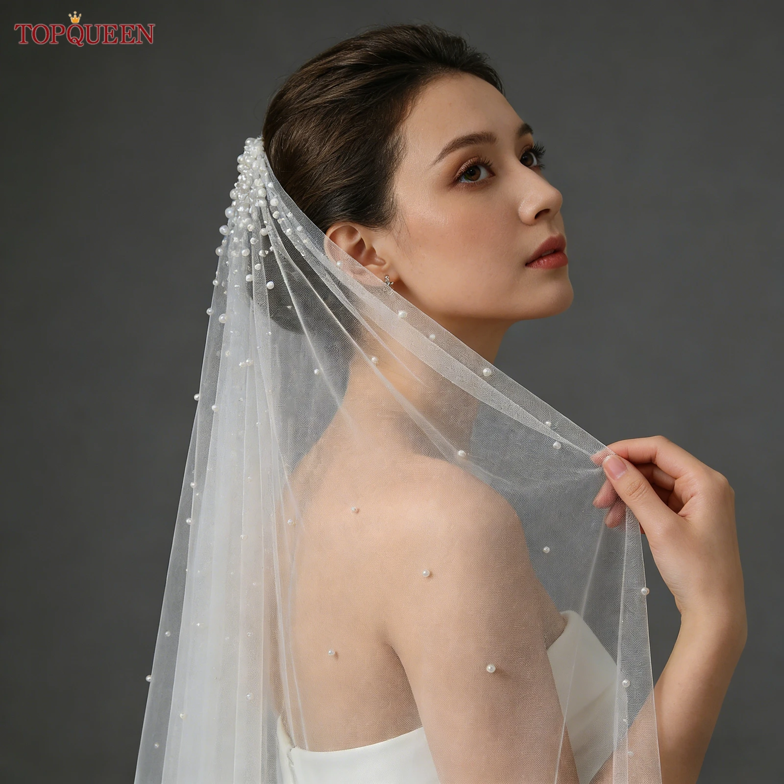 TOPQUEEN Pearls Bridal Veils with Comb Wedding Veil 1 Tier 3 Meter Luxury Long Wedding Veil Bridal Hair Accessories Wedding V180