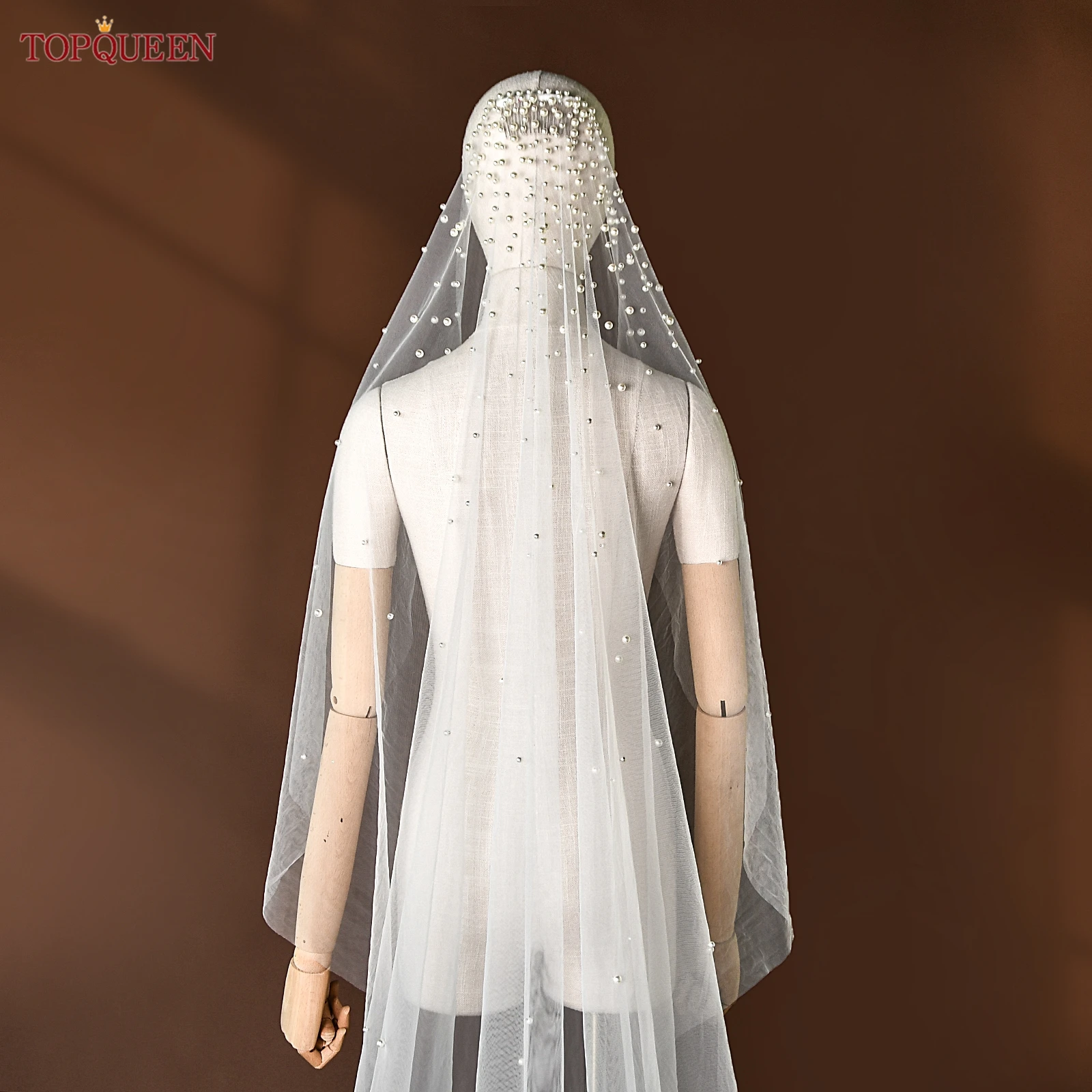 TOPQUEEN Pearls Bridal Veils with Comb Wedding Veil 1 Tier 3 Meter Luxury Long Wedding Veil Bridal Hair Accessories Wedding V180