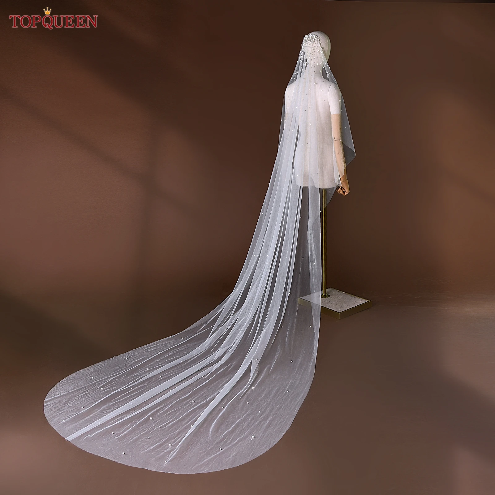 TOPQUEEN Pearls Bridal Veils with Comb Wedding Veil 1 Tier 3 Meter Luxury Long Wedding Veil Bridal Hair Accessories Wedding V180