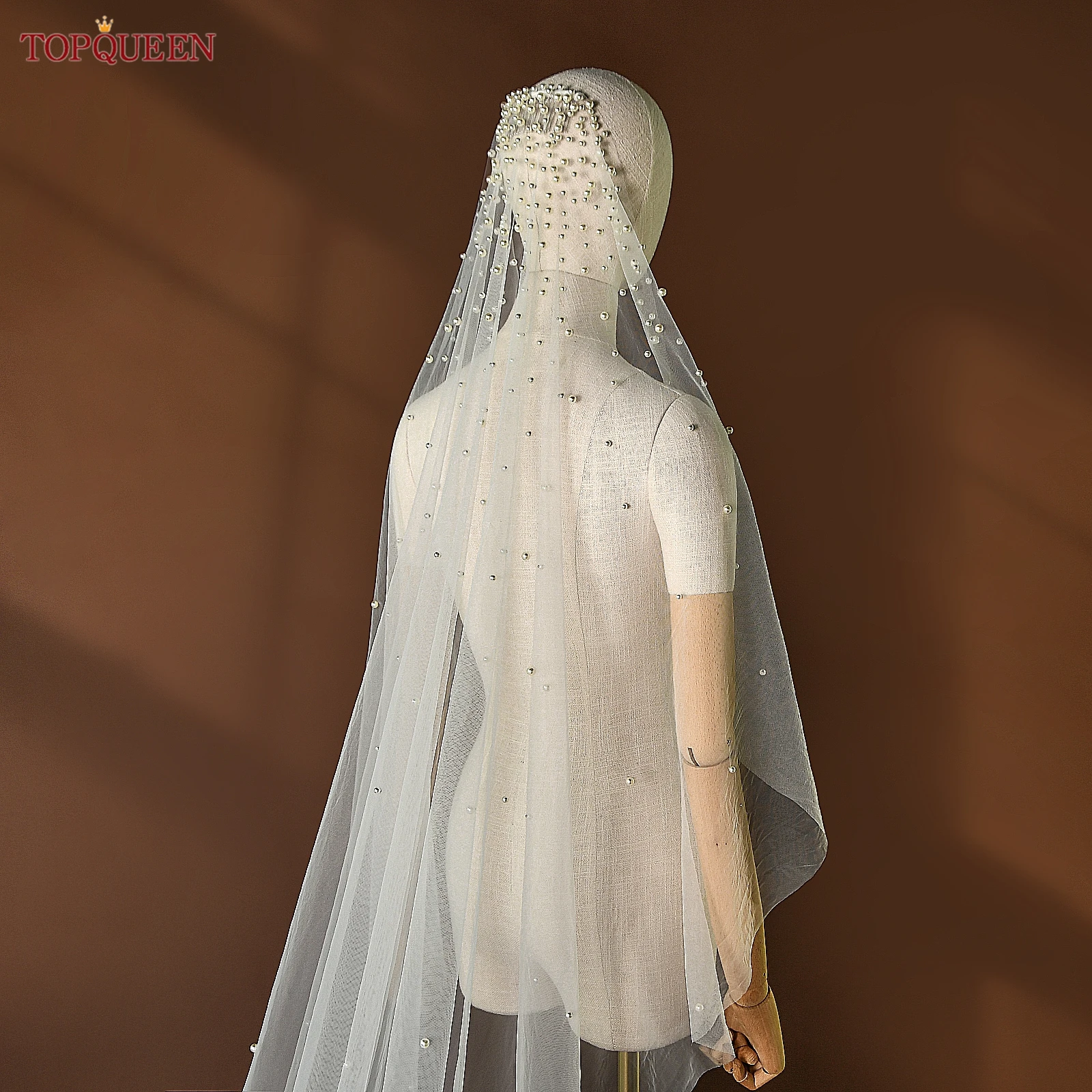 TOPQUEEN Pearls Bridal Veils with Comb Wedding Veil 1 Tier 3 Meter Luxury Long Wedding Veil Bridal Hair Accessories Wedding V180