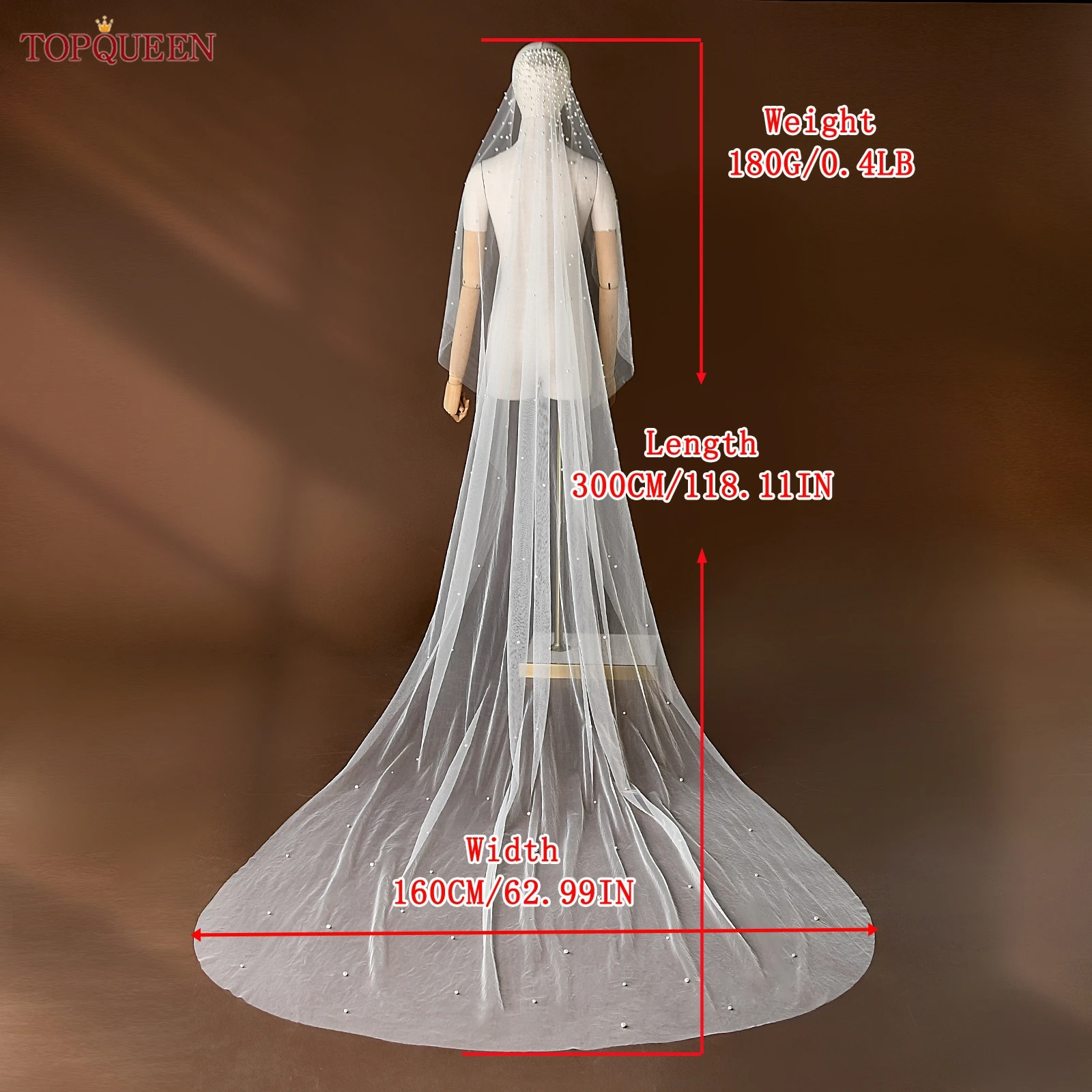 TOPQUEEN Pearls Bridal Veils with Comb Wedding Veil 1 Tier 3 Meter Luxury Long Wedding Veil Bridal Hair Accessories Wedding V180